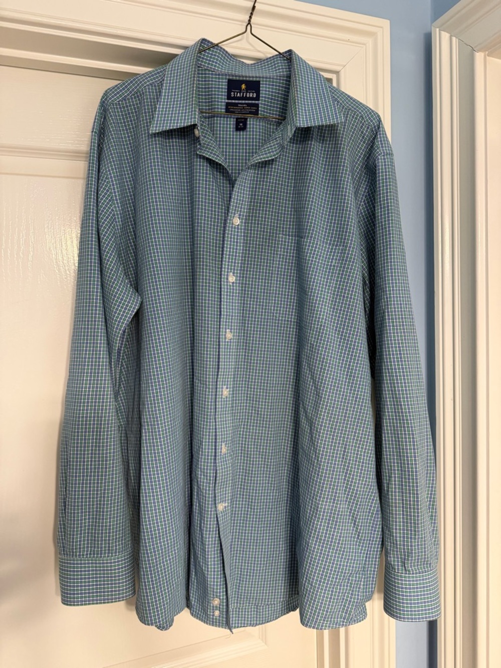 Stafford Blue/Green Checked Long-Sleeve Dress Shirt